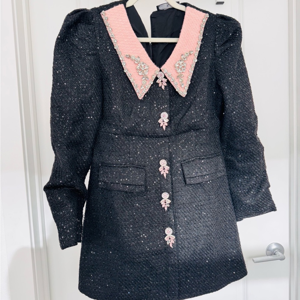 Black Tweed Coat with Pink Embellished Collar